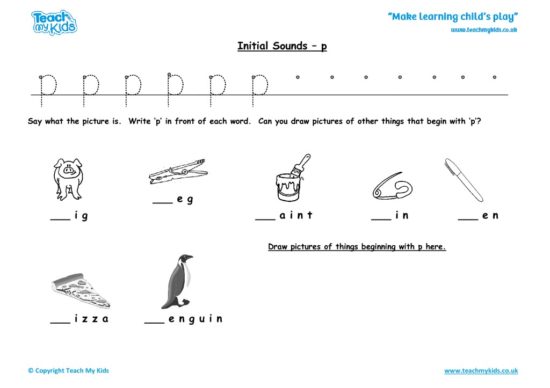 Worksheets for kids - initial sounds-p